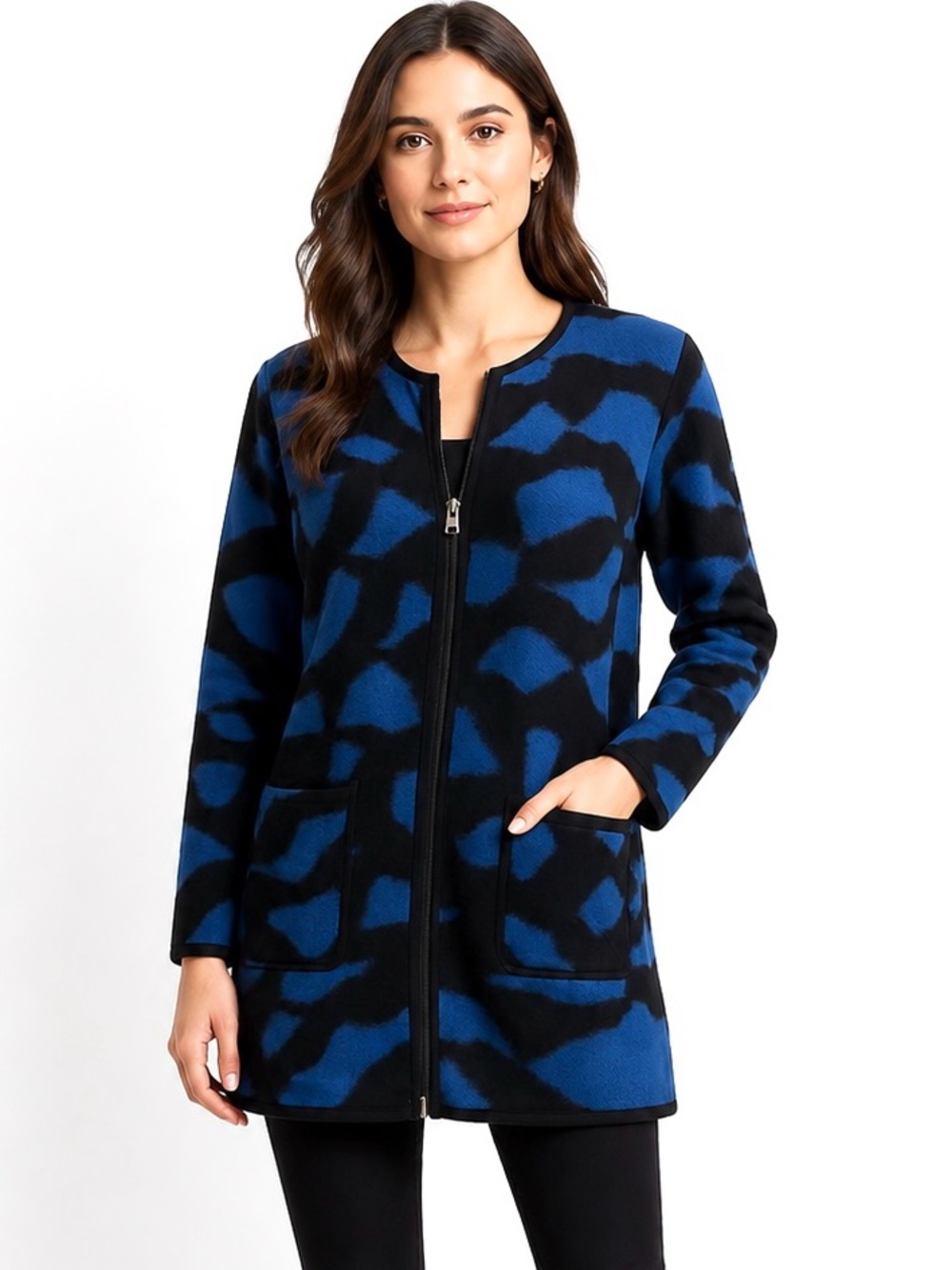 Parkhurst Wool Blend Sweater Coat Zip Abstract Blue Black Size Small